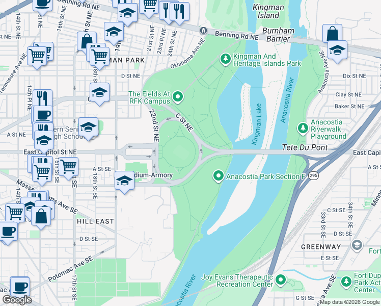 map of restaurants, bars, coffee shops, grocery stores, and more near 2400 East Capitol Street Southeast in Washington