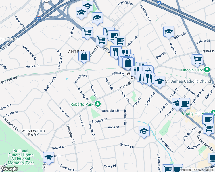 map of restaurants, bars, coffee shops, grocery stores, and more near 1009 Parker Street in Falls Church