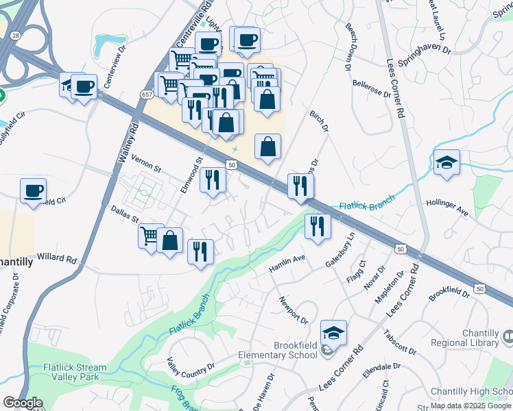 map of restaurants, bars, coffee shops, grocery stores, and more near 4040 Spring Run Court in Chantilly