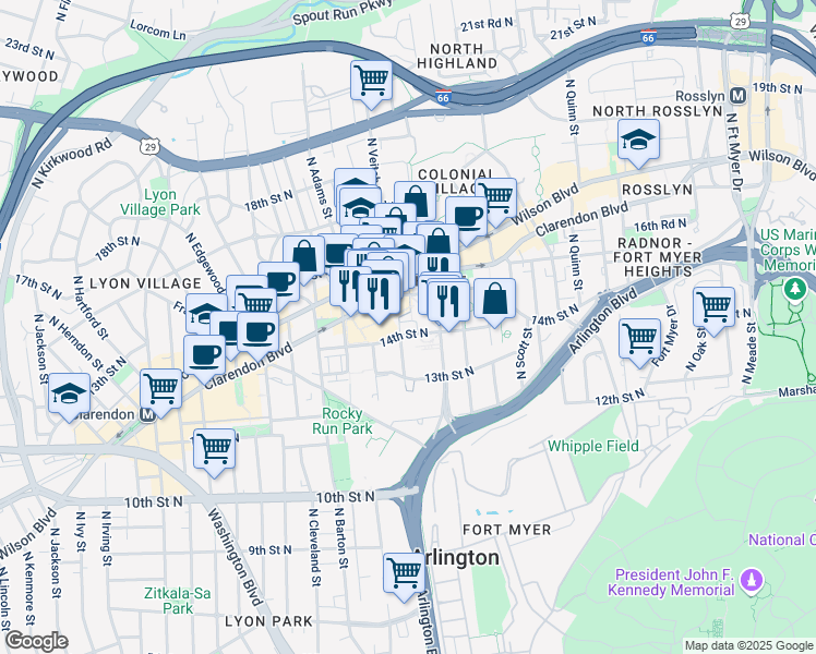 map of restaurants, bars, coffee shops, grocery stores, and more near 1400 North Uhle Street in Arlington