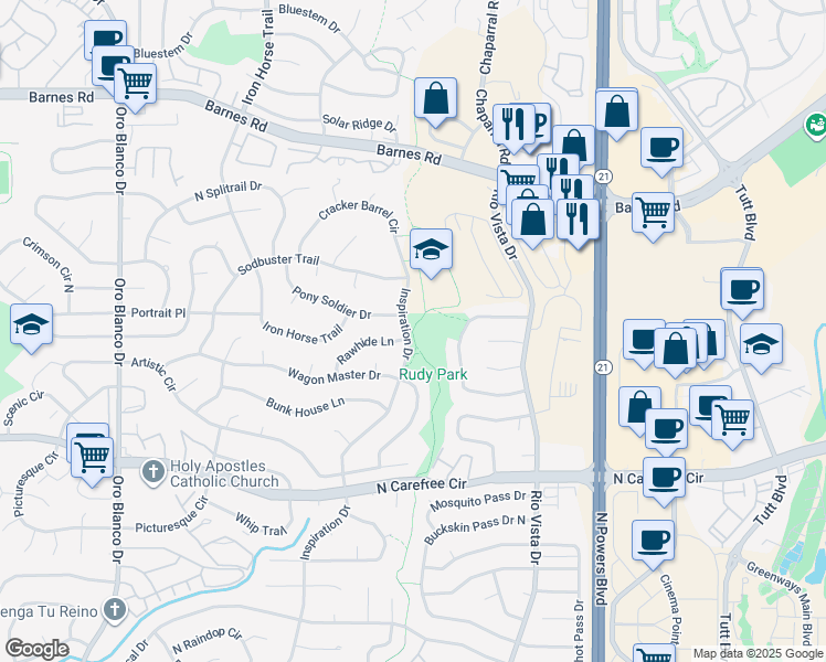 map of restaurants, bars, coffee shops, grocery stores, and more near Homestead Trail in Colorado Springs