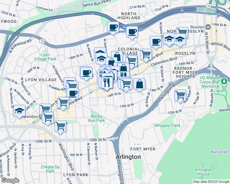 map of restaurants, bars, coffee shops, grocery stores, and more near 1400 North Uhle Street in Arlington