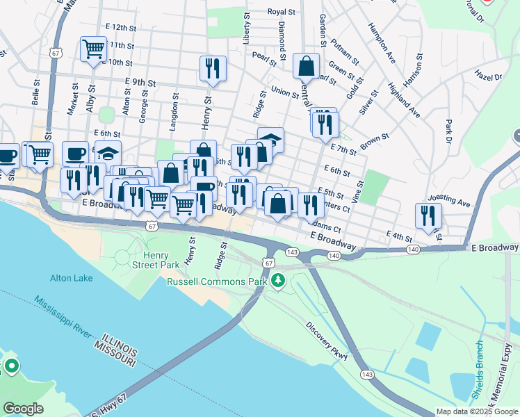 map of restaurants, bars, coffee shops, grocery stores, and more near 309 Spring Street in Alton