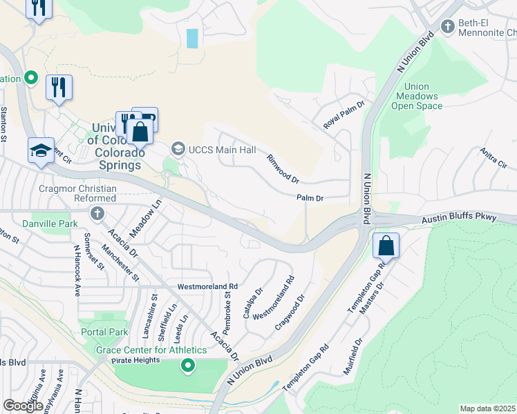 map of restaurants, bars, coffee shops, grocery stores, and more near 14 Cragmor Village Road in Colorado Springs