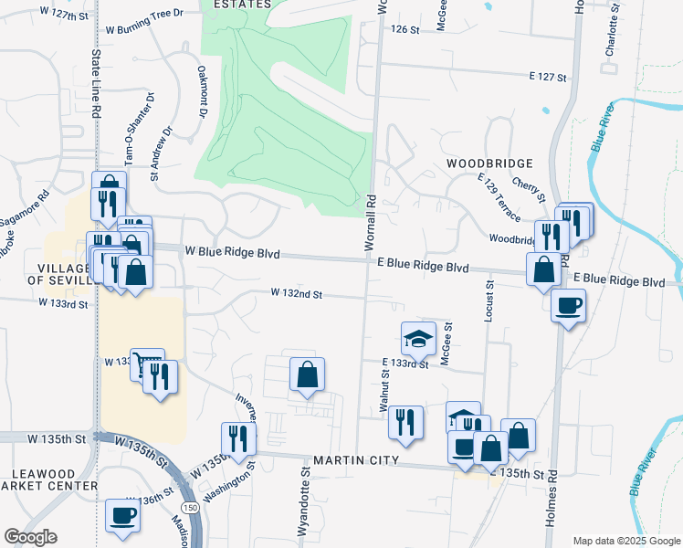 map of restaurants, bars, coffee shops, grocery stores, and more near 136 West Blue Ridge Boulevard in Kansas City