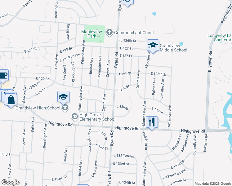 map of restaurants, bars, coffee shops, grocery stores, and more near 12820 Byars Road in Grandview