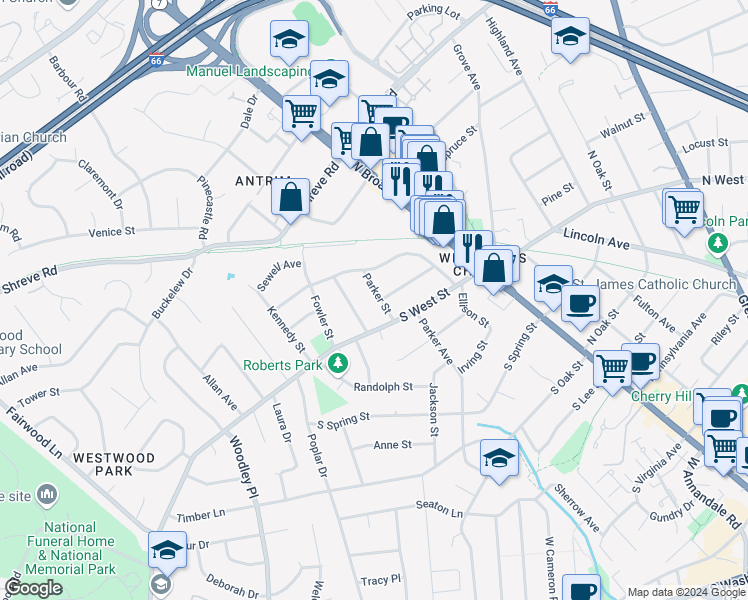 map of restaurants, bars, coffee shops, grocery stores, and more near 1009 Parker Street in Falls Church
