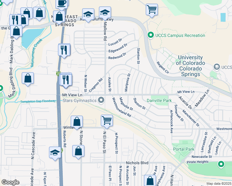 map of restaurants, bars, coffee shops, grocery stores, and more near 3916 Magnolia Street in Colorado Springs