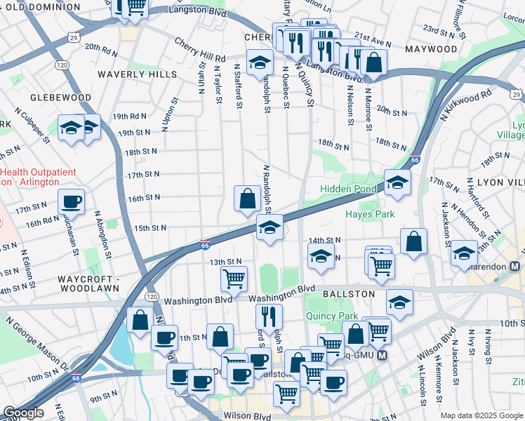 map of restaurants, bars, coffee shops, grocery stores, and more near 1520 North Randolph Street in Arlington