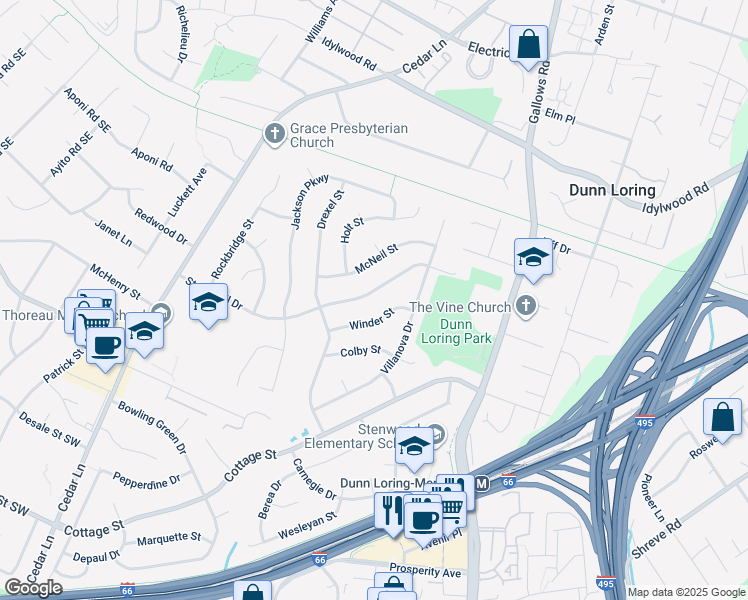 map of restaurants, bars, coffee shops, grocery stores, and more near 8305 Stonewall Drive in Vienna