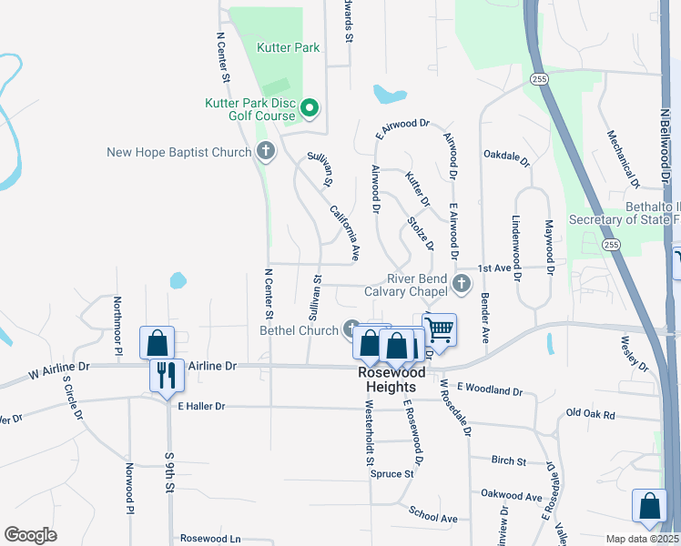 map of restaurants, bars, coffee shops, grocery stores, and more near 409 Nevada Avenue in East Alton