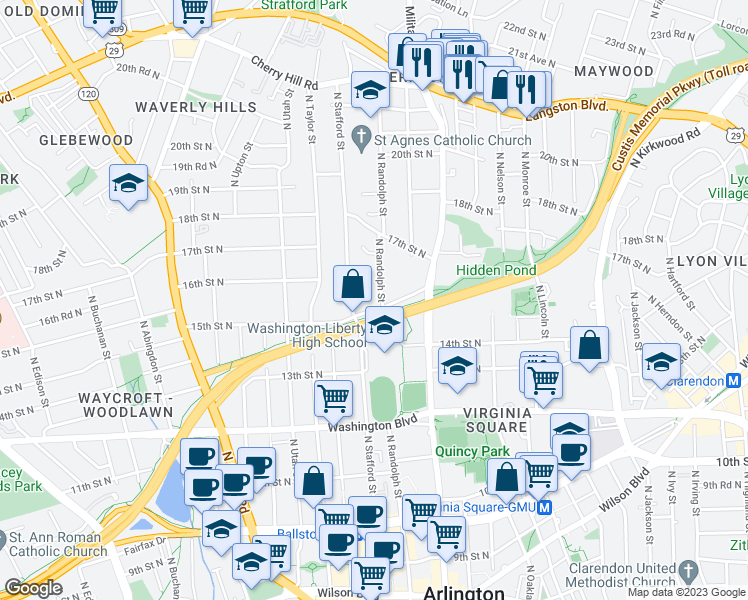 map of restaurants, bars, coffee shops, grocery stores, and more near 1520 North Randolph Street in Arlington