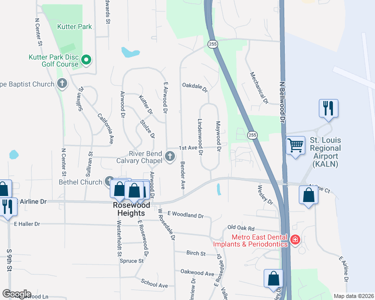 map of restaurants, bars, coffee shops, grocery stores, and more near 218 Bender Avenue in East Alton