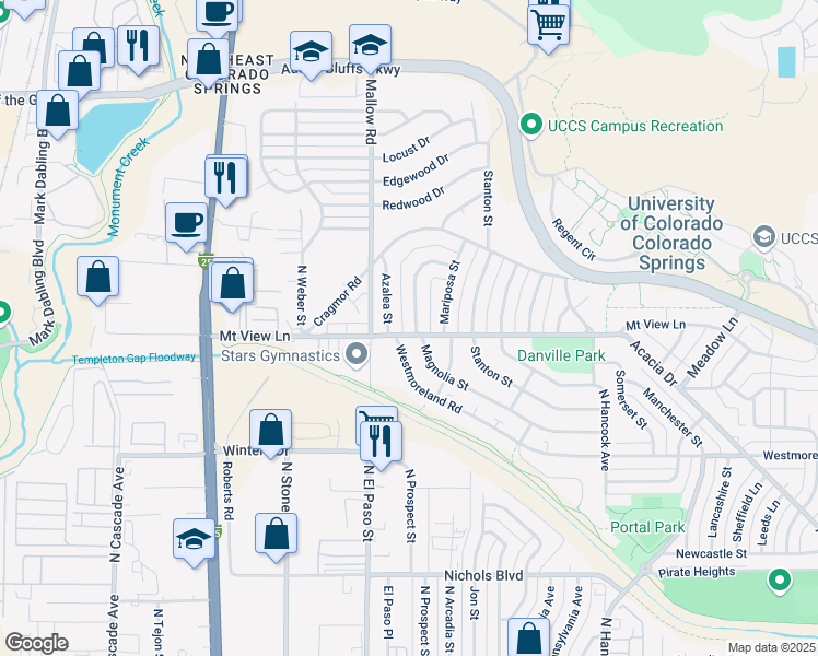 map of restaurants, bars, coffee shops, grocery stores, and more near 3916 Magnolia Street in Colorado Springs