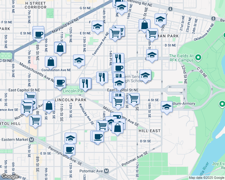 map of restaurants, bars, coffee shops, grocery stores, and more near 101 Independence Avenue Southeast in Washington