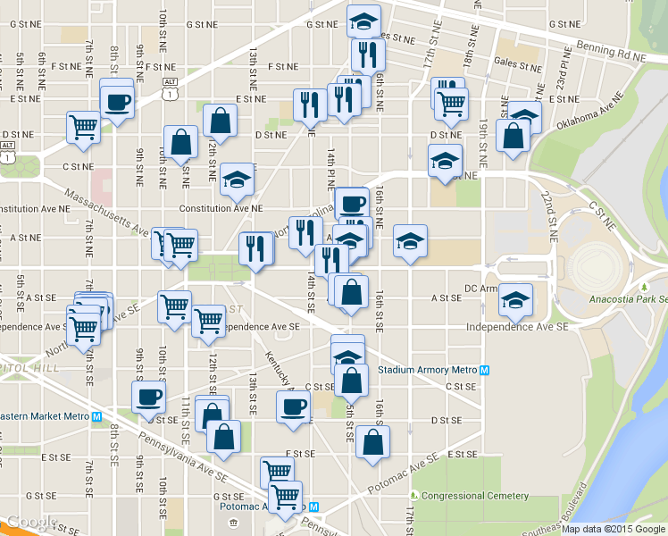 map of restaurants, bars, coffee shops, grocery stores, and more near 101 Independence Avenue Southeast in Washington
