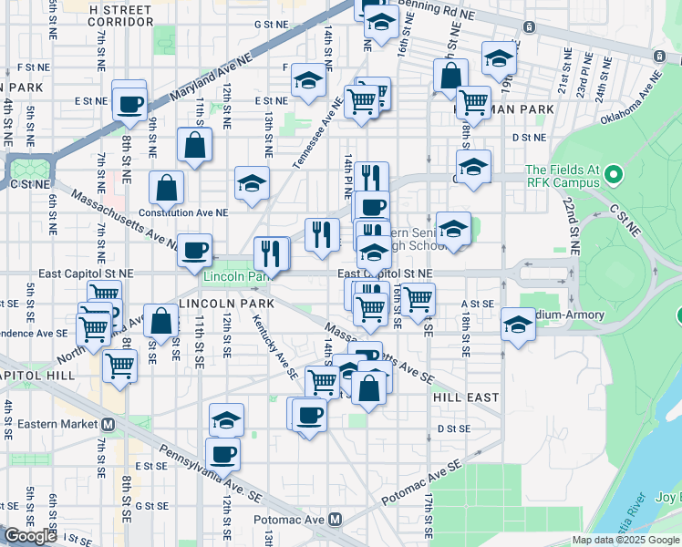 map of restaurants, bars, coffee shops, grocery stores, and more near 101 Independence Avenue Southeast in Washington