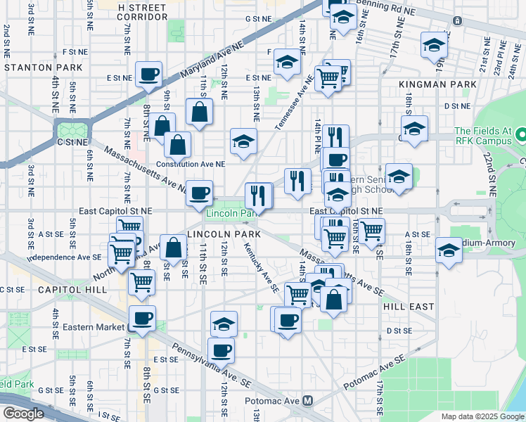 map of restaurants, bars, coffee shops, grocery stores, and more near 101 Independence Avenue Southeast in Washington