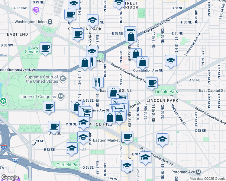 map of restaurants, bars, coffee shops, grocery stores, and more near 101 Independence Avenue Southeast in Washington