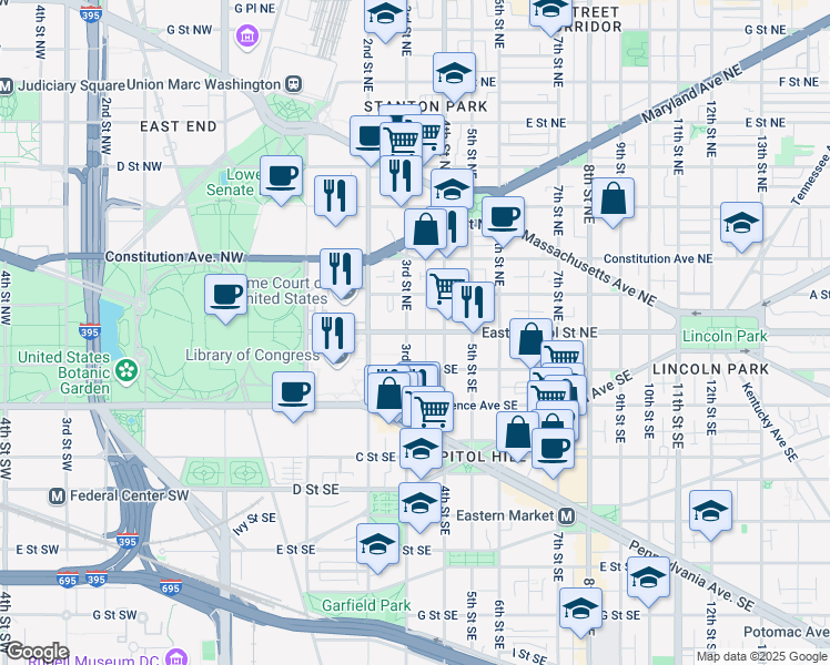 map of restaurants, bars, coffee shops, grocery stores, and more near 101 Independence Avenue Southeast in Washington