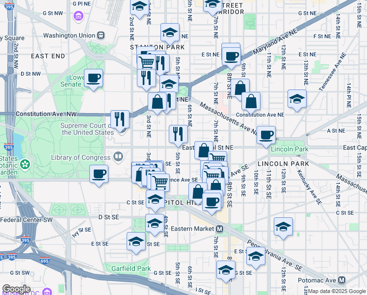 map of restaurants, bars, coffee shops, grocery stores, and more near 101 Independence Avenue Southeast in Washington