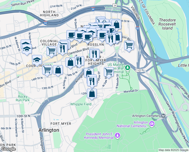 map of restaurants, bars, coffee shops, grocery stores, and more near 1311 North Ode Street in Arlington
