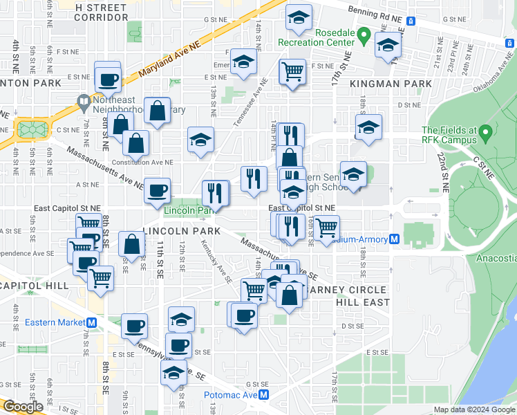 map of restaurants, bars, coffee shops, grocery stores, and more near 101 Independence Avenue Southeast in Washington
