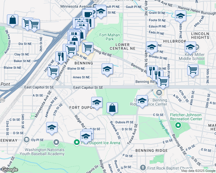 map of restaurants, bars, coffee shops, grocery stores, and more near 4040 East Capitol Street Northeast in Washington