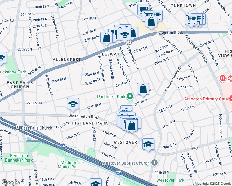 map of restaurants, bars, coffee shops, grocery stores, and more near 2021 North Madison Street in Arlington