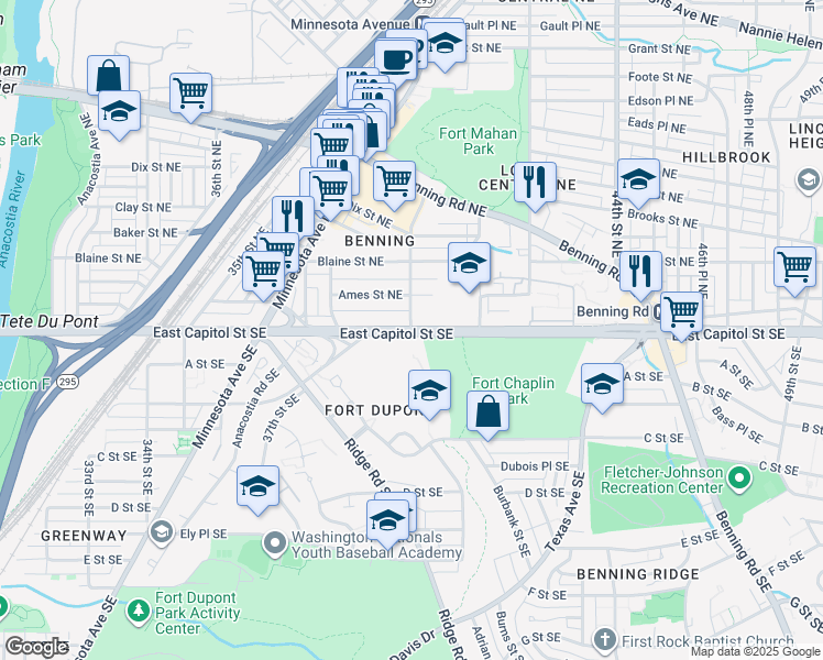 map of restaurants, bars, coffee shops, grocery stores, and more near East Capitol St NE & 40th St NE in Washington
