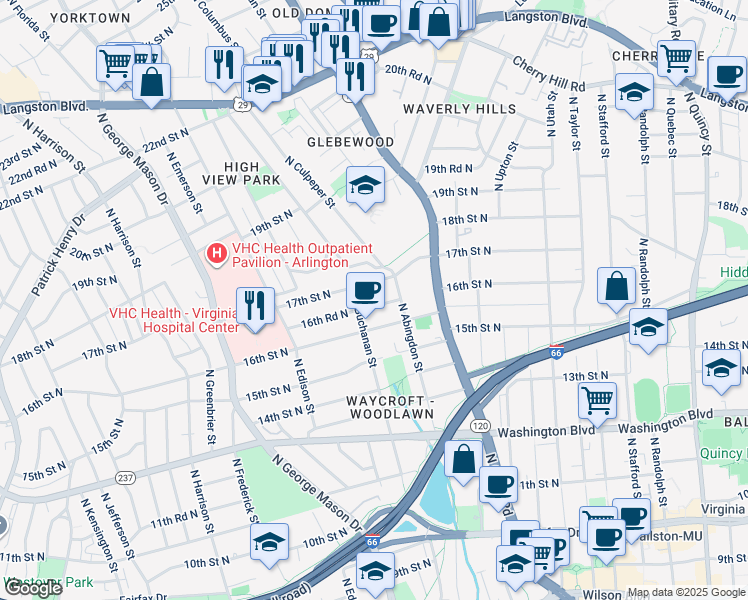map of restaurants, bars, coffee shops, grocery stores, and more near 4725 16th Road North in Arlington