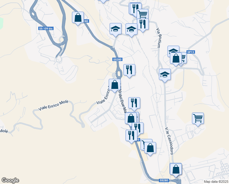 map of restaurants, bars, coffee shops, grocery stores, and more near Via Monsignor Armando Fares in Catanzaro