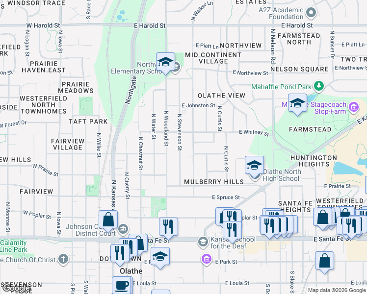 map of restaurants, bars, coffee shops, grocery stores, and more near 621 North Stevenson Street in Olathe