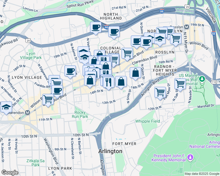 map of restaurants, bars, coffee shops, grocery stores, and more near 1425 North Courthouse Road in Arlington