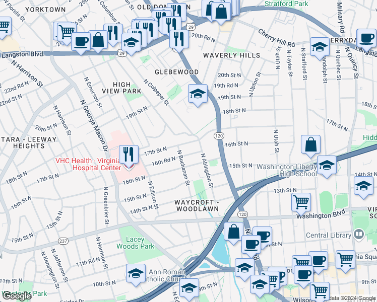 map of restaurants, bars, coffee shops, grocery stores, and more near 4725 16th Road North in Arlington
