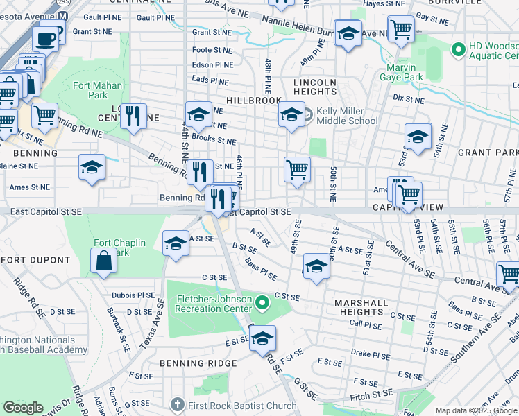 map of restaurants, bars, coffee shops, grocery stores, and more near 4702 East Capitol Street Southeast in Washington