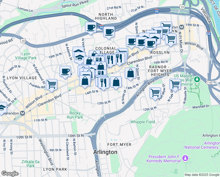 map of restaurants, bars, coffee shops, grocery stores, and more near 2009 14th Street North in Arlington
