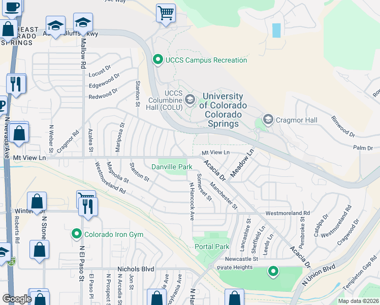 map of restaurants, bars, coffee shops, grocery stores, and more near 3927 Linden Circle in Colorado Springs