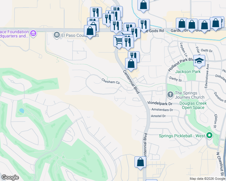 map of restaurants, bars, coffee shops, grocery stores, and more near 1311 Chesham Circle in Colorado Springs