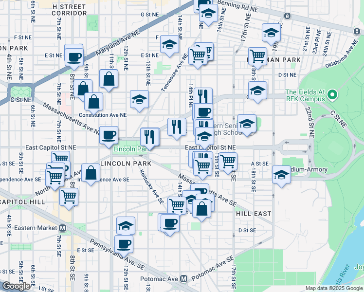 map of restaurants, bars, coffee shops, grocery stores, and more near 101 Independence Avenue Southeast in Washington