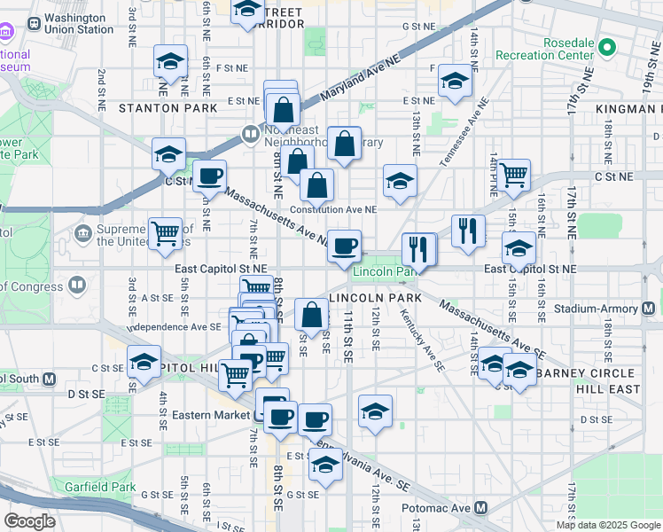 map of restaurants, bars, coffee shops, grocery stores, and more near 101 Independence Avenue Southeast in Washington