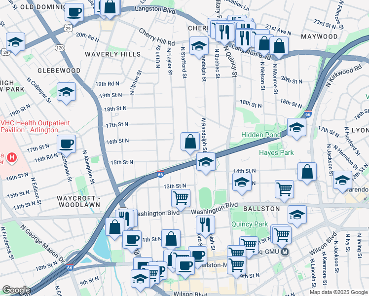 map of restaurants, bars, coffee shops, grocery stores, and more near 1526 North Stafford Street in Arlington