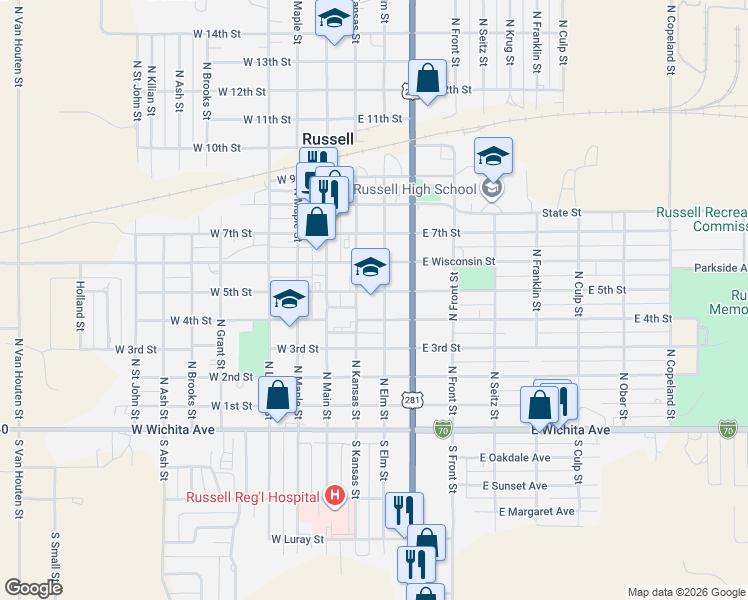 map of restaurants, bars, coffee shops, grocery stores, and more near 500-598 North Elm Street in Russell