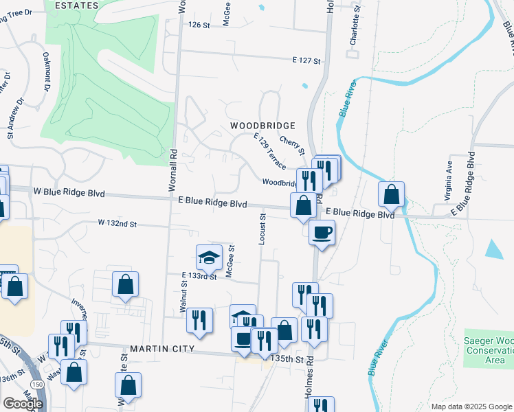 map of restaurants, bars, coffee shops, grocery stores, and more near 420 East Blue Ridge Boulevard in Kansas City