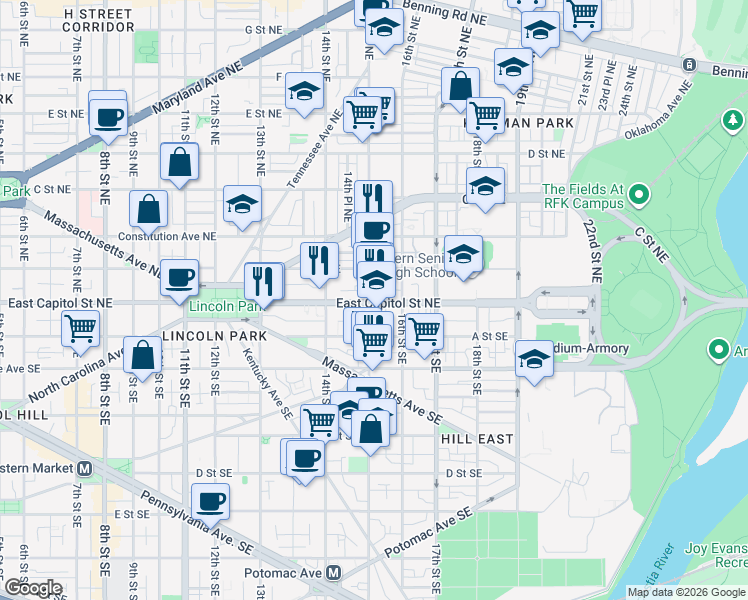 map of restaurants, bars, coffee shops, grocery stores, and more near 101 Independence Avenue Southeast in Washington