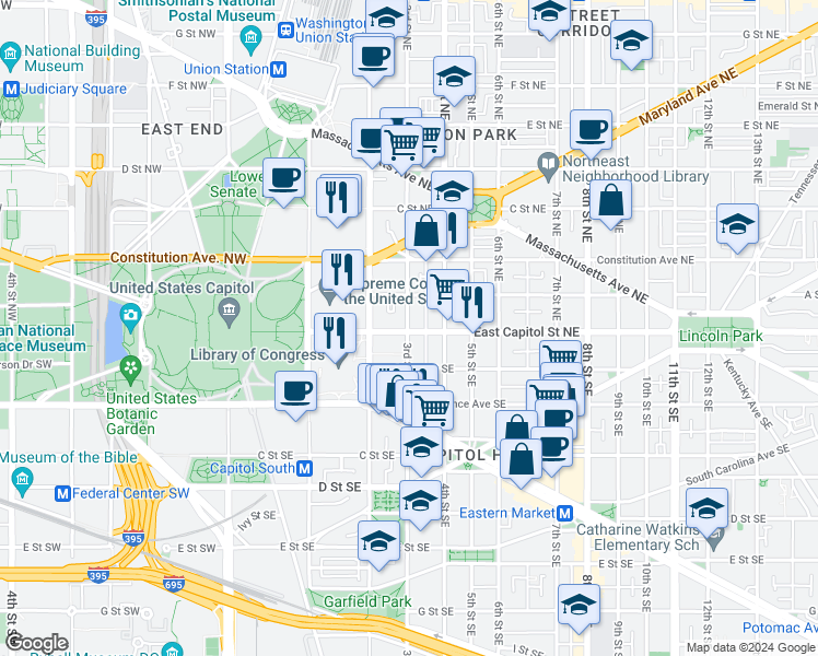 map of restaurants, bars, coffee shops, grocery stores, and more near 1 3rd Street Northeast in Washington