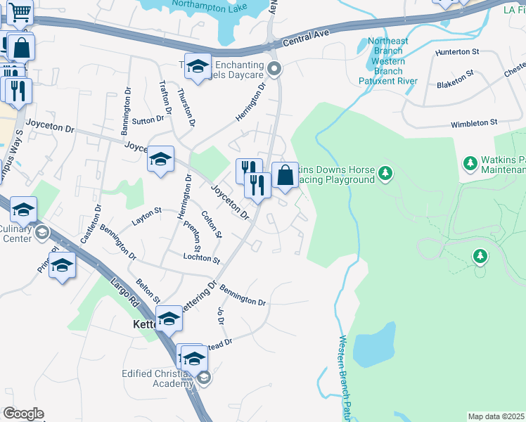 map of restaurants, bars, coffee shops, grocery stores, and more near 9 Barberry Court in Upper Marlboro