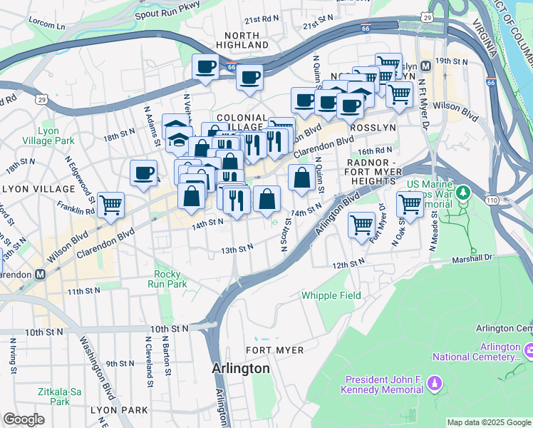 map of restaurants, bars, coffee shops, grocery stores, and more near 1415 North Taft Street in Arlington