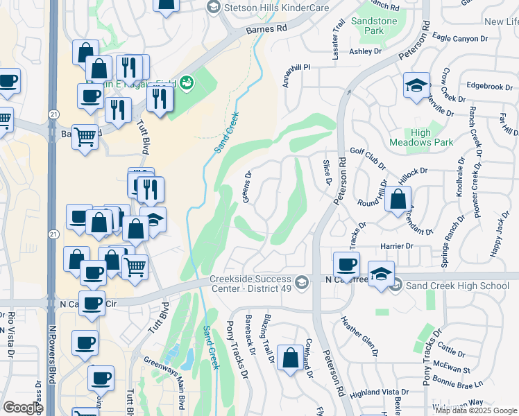 map of restaurants, bars, coffee shops, grocery stores, and more near 4075 Greens Drive in Colorado Springs