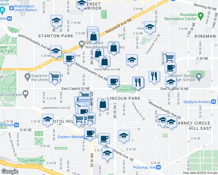 map of restaurants, bars, coffee shops, grocery stores, and more near 1018 East Capitol Street Northeast in Washington